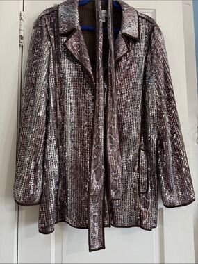 Chico's Shimmering Brown Subtle Leopard Print Metallic Sequin Blazer, size 3